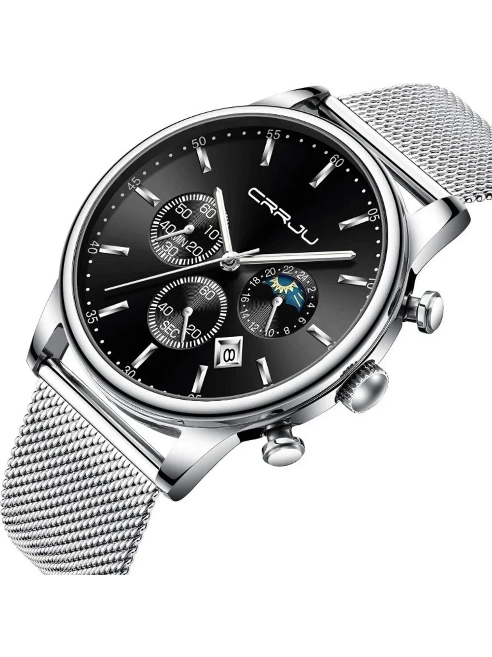 Men's Silver Black Chronograph Waterproof Steel Quartz Mesh Strap Casual Watch